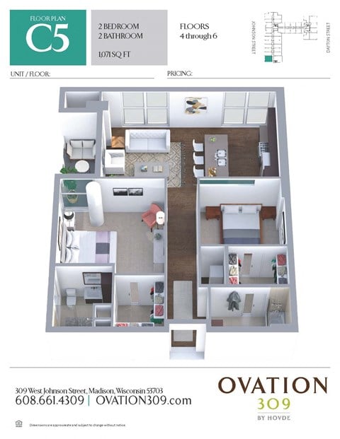 Floor plan for 2 beds, 2 baths, 1071 sqft